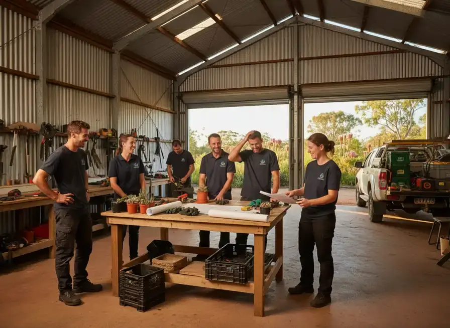 landscapers perth: Five crew in work shirts around a timber workbench with plants and plans in an open shed