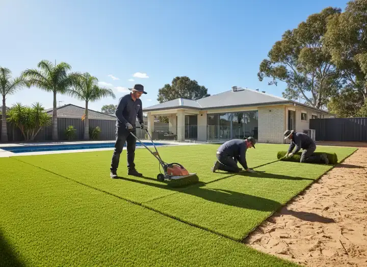 landscapers perth: Workers rolling out artificial turf in a backyard beside a pool and a brick house