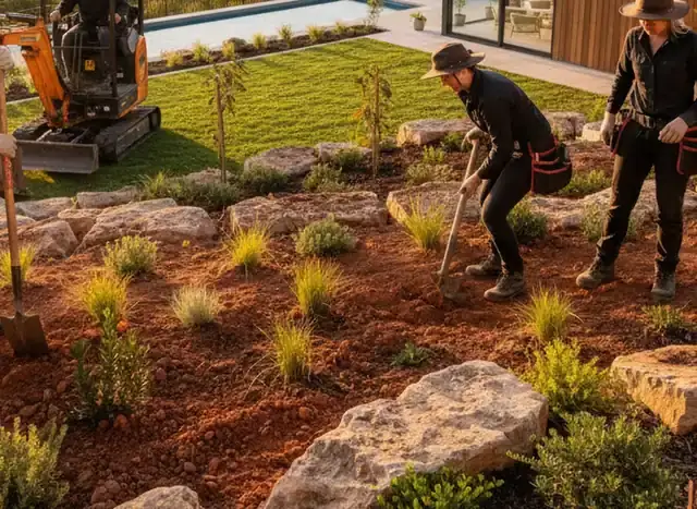 landscapers perth: Mini excavator and workers on a sloped garden with stone edging, a pool and a modern house