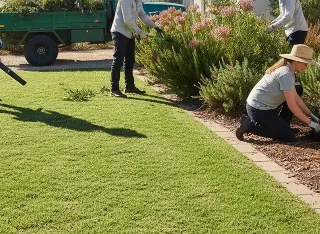 landscapers perth: Workers using a leaf blower and trimming a lawn and flowering garden beside a green trailer