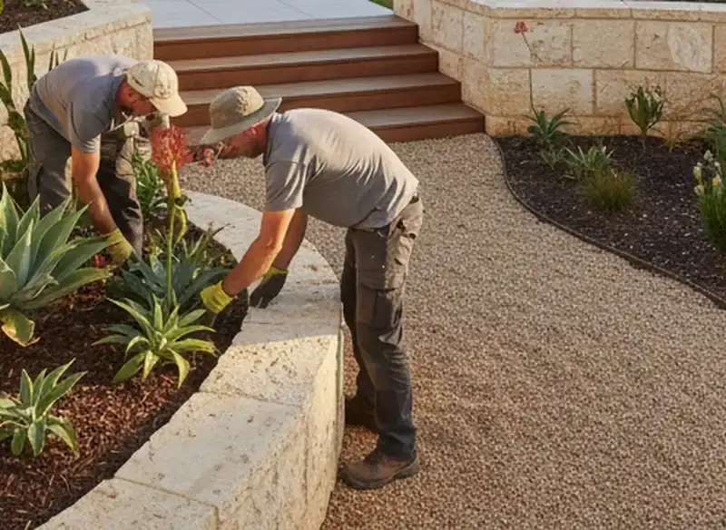 landscapers perth: Two workers planting agave and succulents in stone-edged beds beside steps and a sea view