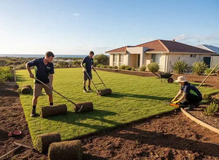 landscapers perth: Two workers laying turf rolls on a lawn with a wheelbarrow and a house behind