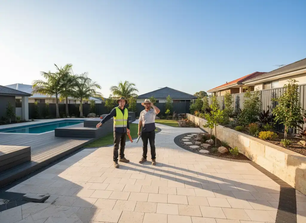 landscapers perth: Two workers standing on a large light paved courtyard beside a pool and timber deck