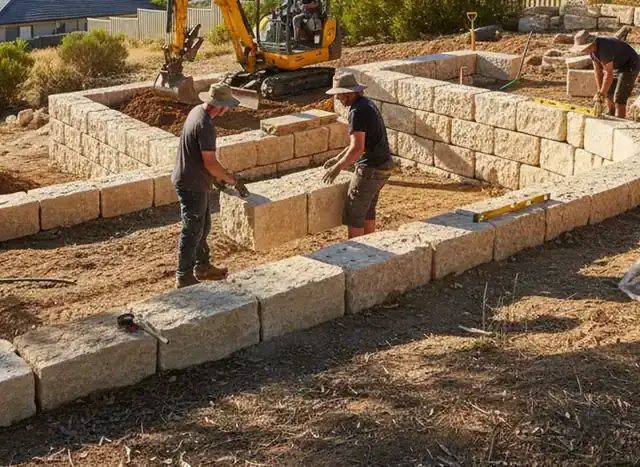 landscapers perth: Workers laying stone block retaining wall on a slope with a mini excavator and house behind
