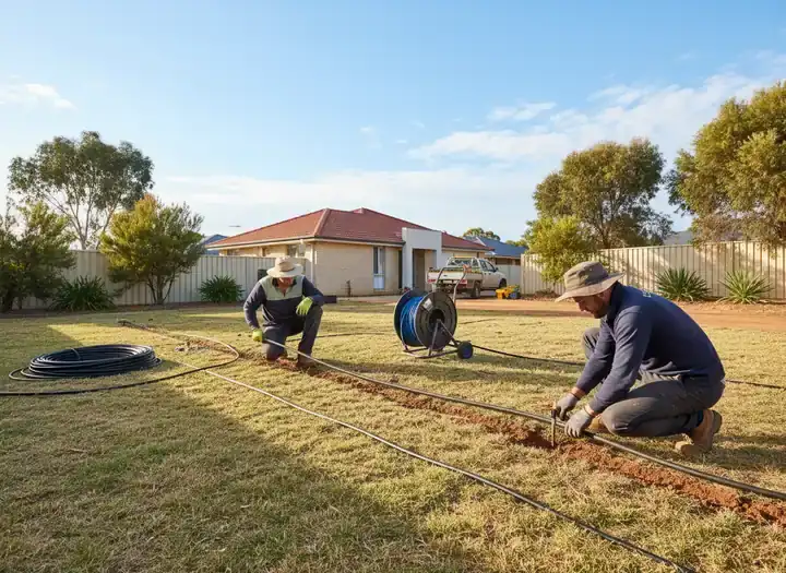 landscapers perth: Two workers laying black irrigation pipe in a lawn with a hose reel in front of a house